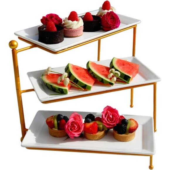 360° Swivel Collapsible 3 Tiered Tray Stand Gold- Decorative 3 Tier Serving Tray